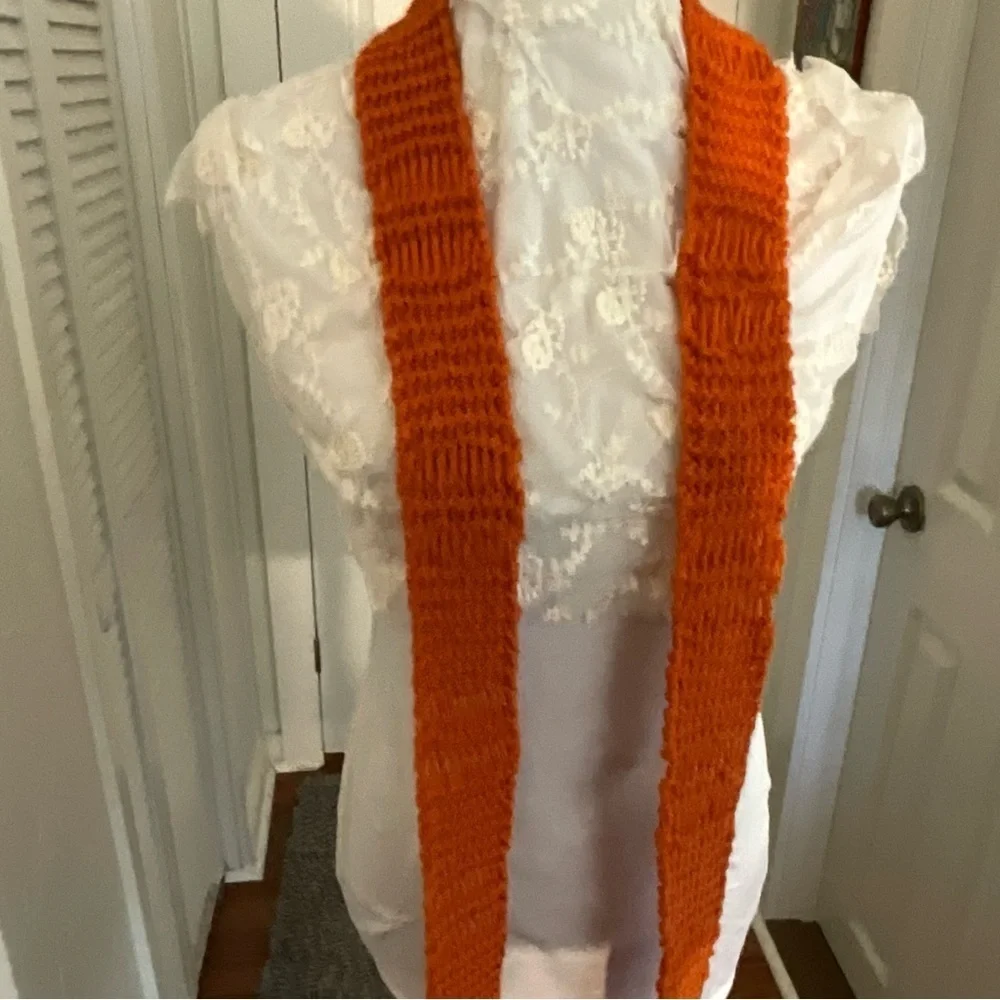 Burnt Orange Ribbed Knit Fringe Long Scarf